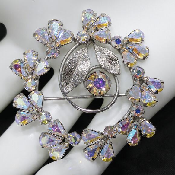 Vintage Sterling Silver Rhinestone Wreath Brooch, AB Rhinestones - Picture 2 of 10